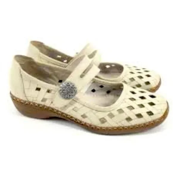 RIEKER Antistress Basketweave White Leather Comfort Mary Janes Sz 40 - Picture 2 of 6